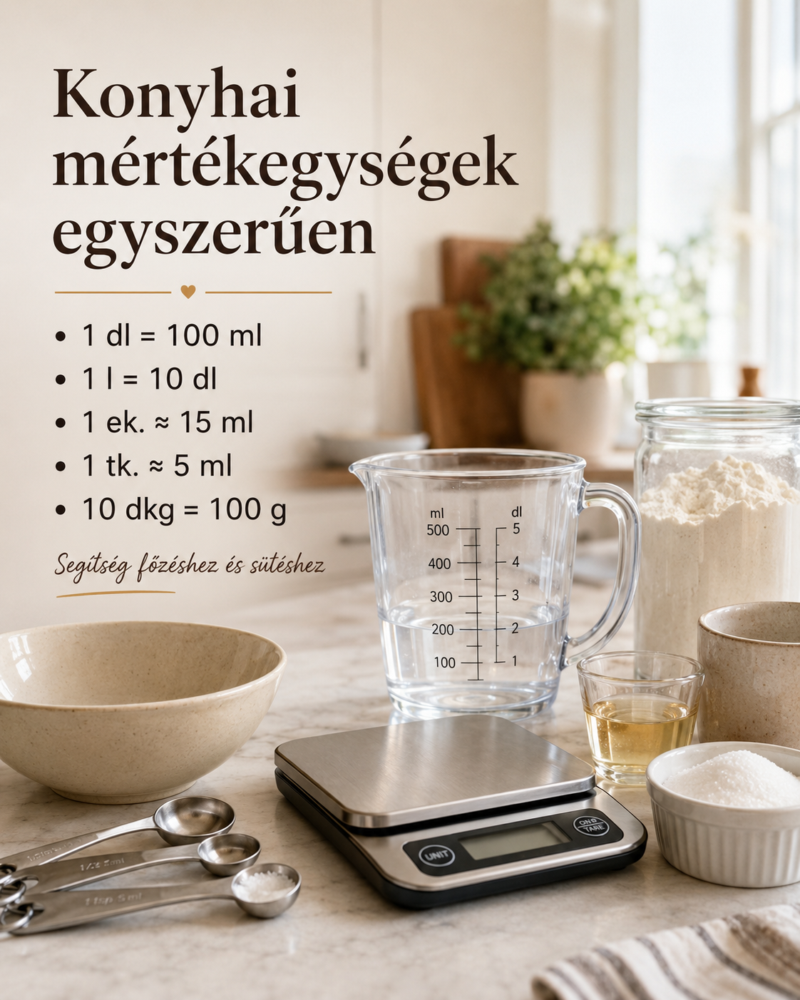 Konyhai mértékegységek egyszerűen: mérőkancsó, mérőkanalak, digitális konyhai mérleg és sütéshez-főzéshez használt alapanyagok otthoni konyhai környezetben