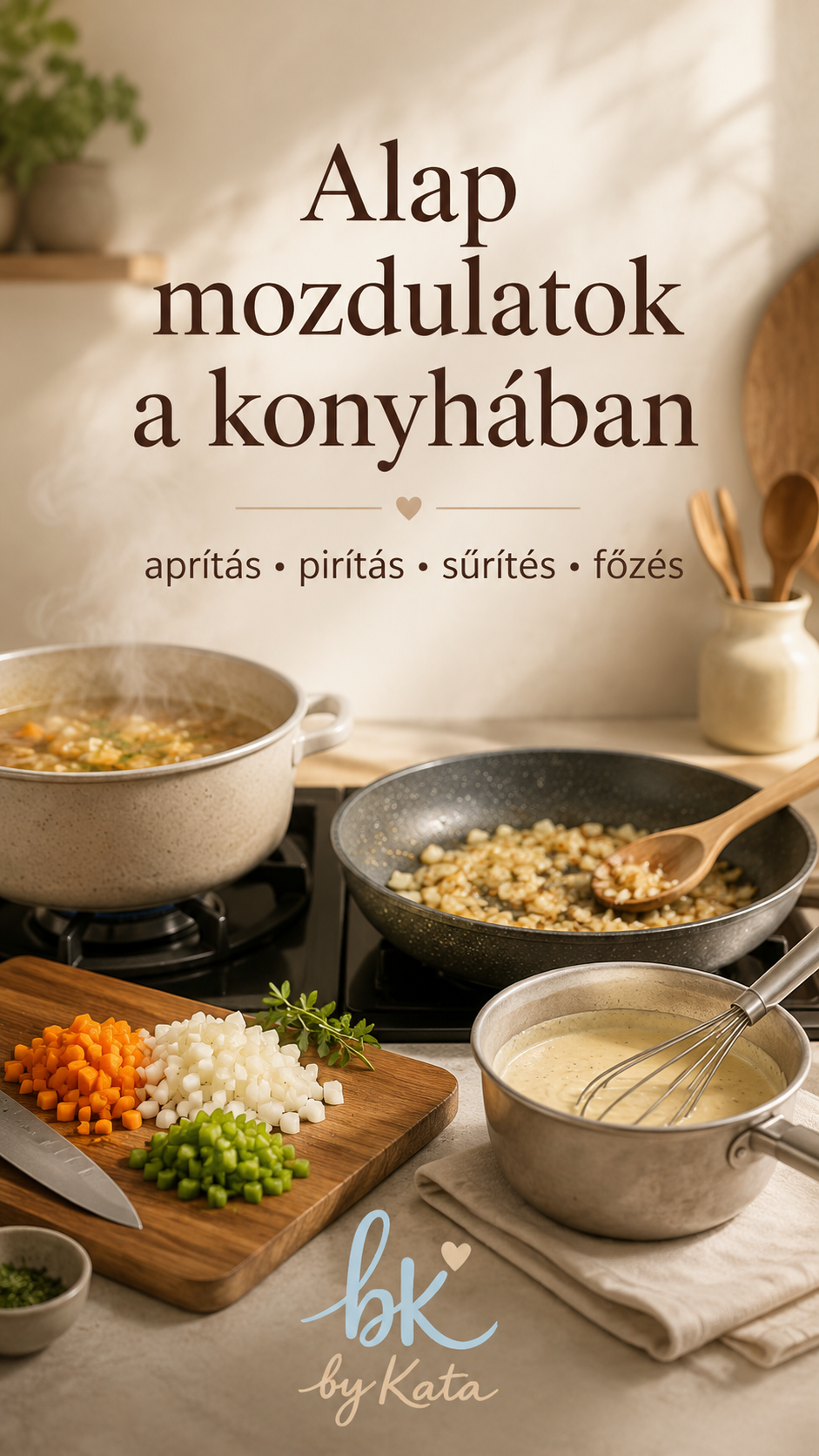 Alap mozdulatok a konyhában: aprítás, pirítás, sűrítés és főzés meleg hangulatú otthoni konyhában, vágódeszkával, serpenyővel, lábassal és habverővel