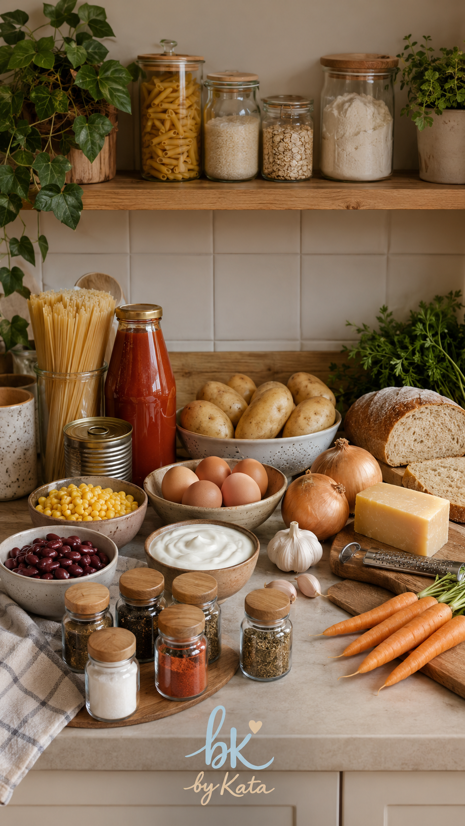 Bevásárlás alapkészlet egy otthoni konyhában: rizs, tészta, liszt, zabpehely, tojás, sajt, joghurt, bab, kukorica, paradicsomos alap, hagyma, fokhagyma, répa és alap fűszerek rendezett elrendezésben.
