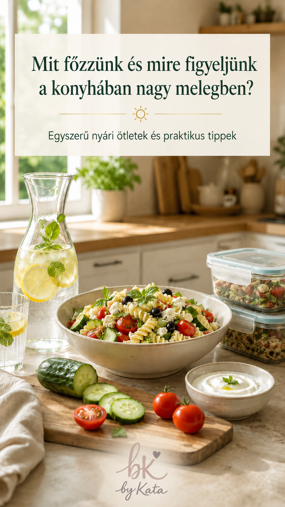 Nyári konyhai jelenet friss tésztasalátával, citromos vízzel, zöldségekkel és ételtároló dobozokkal nagy melegben