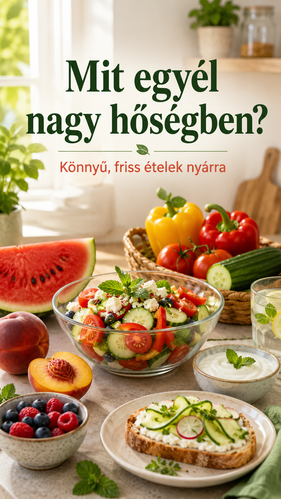 Friss nyári ételek nagy hőségben: saláta uborkával és paradicsommal, dinnye, barack, bogyós gyümölcsök, joghurt és könnyű szendvics otthoni konyhai környezetben