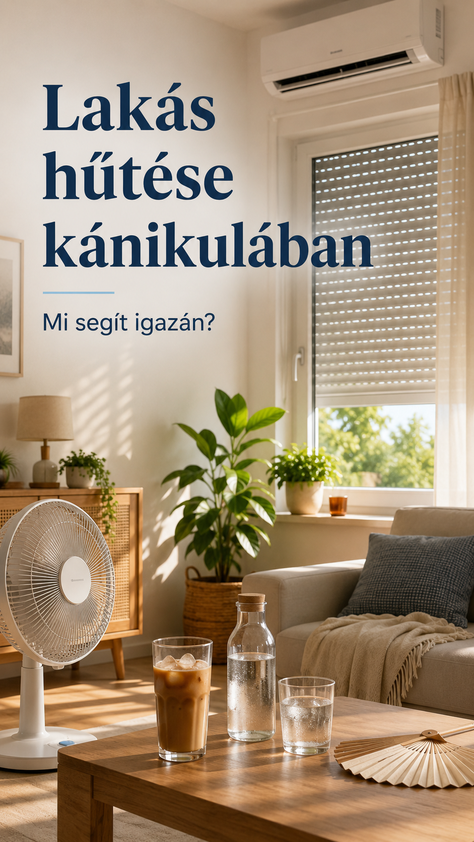 Klímával és ventilátorral hűtött, világos nappali nyári kánikulában, lehúzott redőnnyel, jeges kávéval és vízzel az asztalon.
