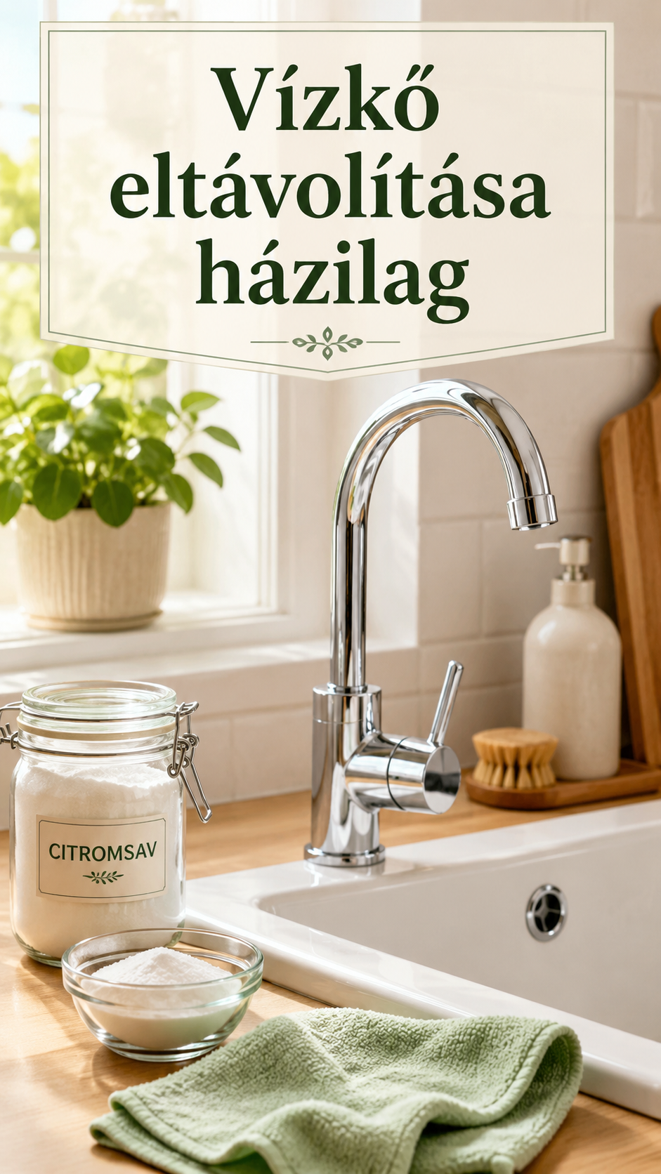 Vízkő eltávolítása házilag citromsavval, puha törlőkendővel és tiszta csapteleppel egy világos otthoni konyhában.