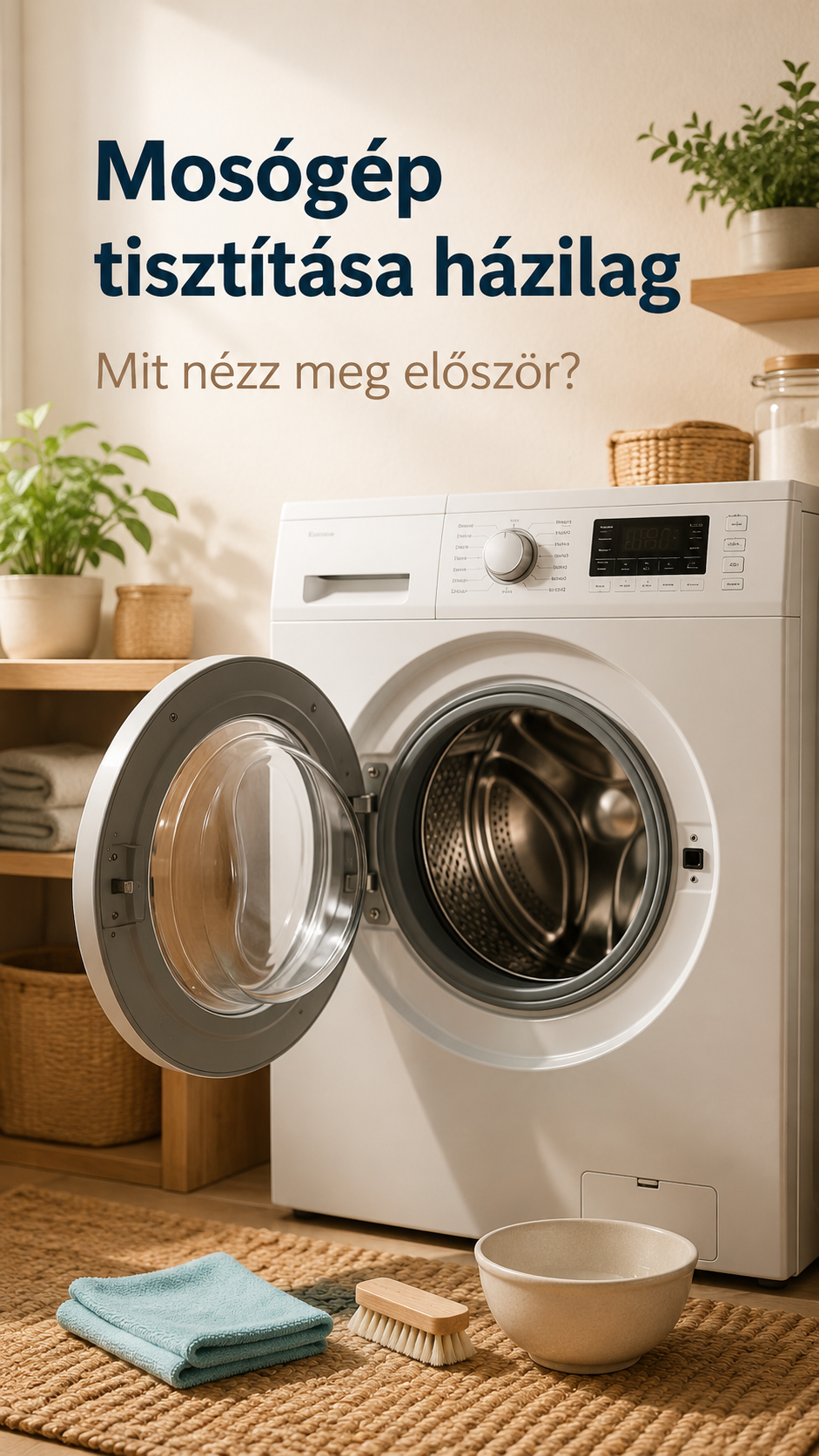 Mosógép tisztítása házilag nyitott ajtajú mosógéppel, tisztítókefével, törlőkendővel és tálkával egy rendezett otthoni mosókonyhában.